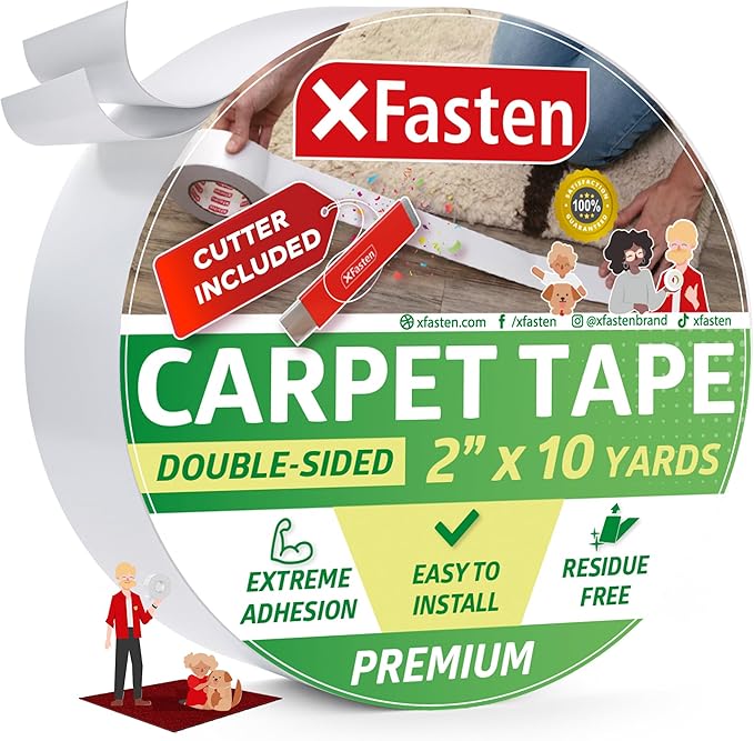 XFasten Double Sided Carpet Tape for Area Rugs, 2 Inch x 10 Yards w/Mini Cutter – Heavy Duty Anti Slip Rug Grip Tape, Works as Rug Gripper, Wood Safe, Easy Removal for Hardwood and Laminate Floors