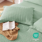 MUXHOMO 7 Pieces King Comforter Set, Seersucker Bed in a Bag King Size, All Season Luxury Bedding Set with Comforter, Flat Sheet, Fitted Sheet, Pillowcases & Shams, Sage Green
