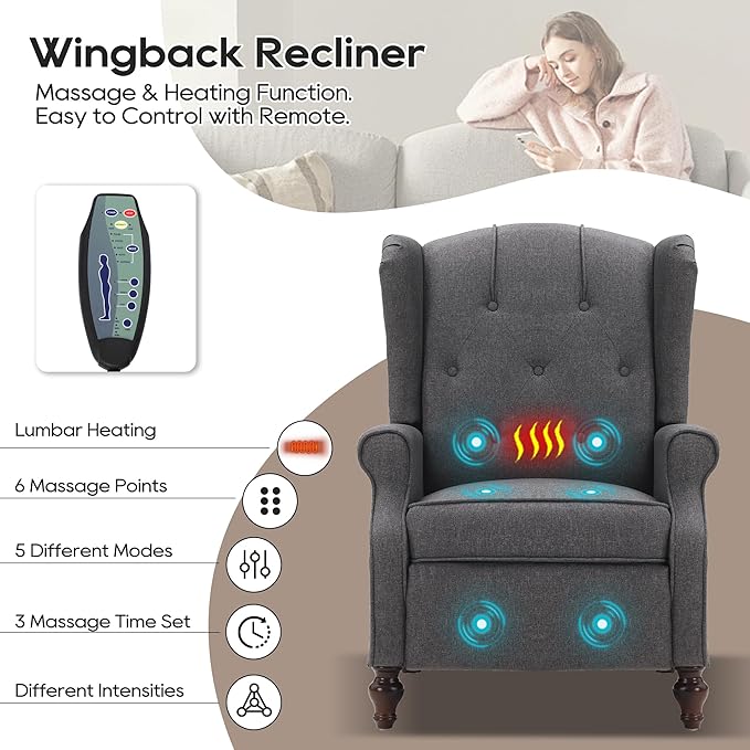Wingback Recliner Chair with Massage and Heat, Tufted Fabric Push Back Recliner Chair for Living Room, Vintage Wingback Chair with Remote Control, Padded Cushion, Backrest, Wooden Legs