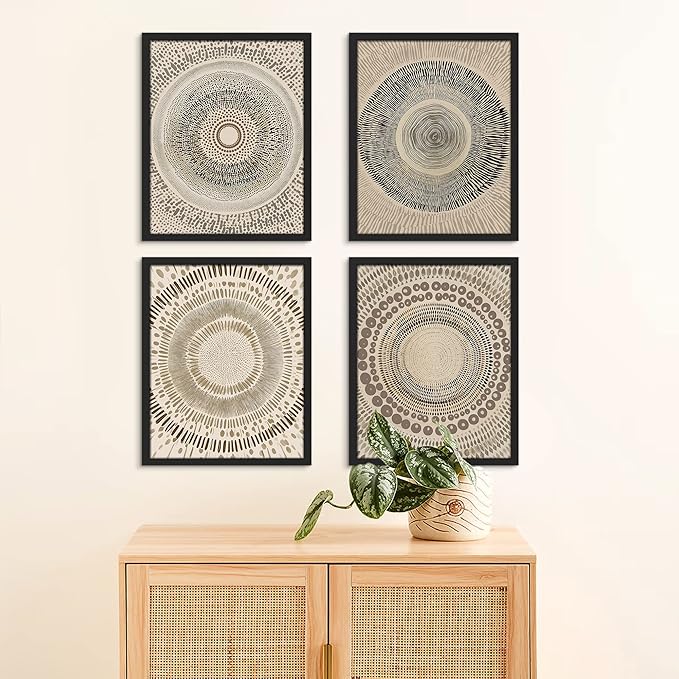 SIGNWIN Framed Art Beige Abstract Geometric Circle Stroke Minimalist Folk Boho Mid-Century Inspired Digital Print Decorative Zen Bedroom Relax Multicolor - 11"x14"x4 Black