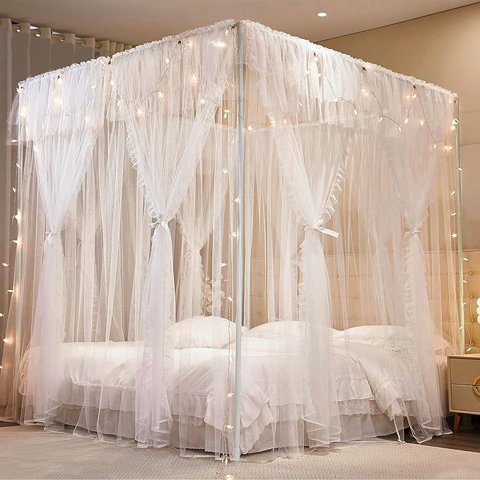 4 Corners Post Princess Curtains Bed Canopy for Girls 8 Panels Curtain- Double Layer Sheer Mesh Canopies Drapes Girls Room Decor (8P-White/White, 4P(43"x82") W+4P(43"x82") L/(King))