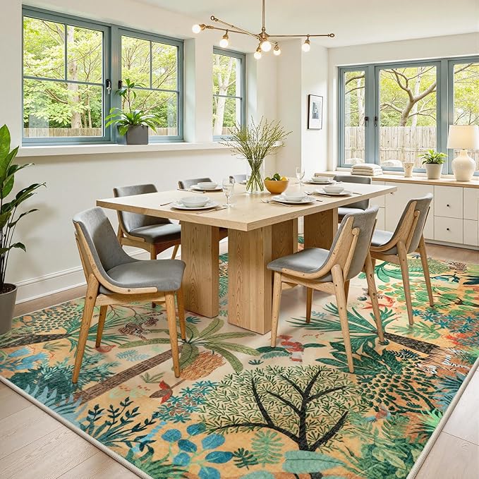LIVEBOX Boho 8x10 Area Rugs for Living Room, Washable Soft Jungle Animal Print Rug for Bedroom, Farmhouse Non Slip Rug Floor Carpet, Forest Dining Room Rugs for Under Table