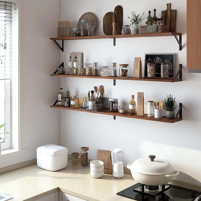 Heimlove 48 Inch Large Wall Bookshelves Set of 3, Wall Mounted Bookshelves,Heavy Duty Wooden Shelves for Living Room,Bedroom,Kitchen,Laundry Room Storage & Decor