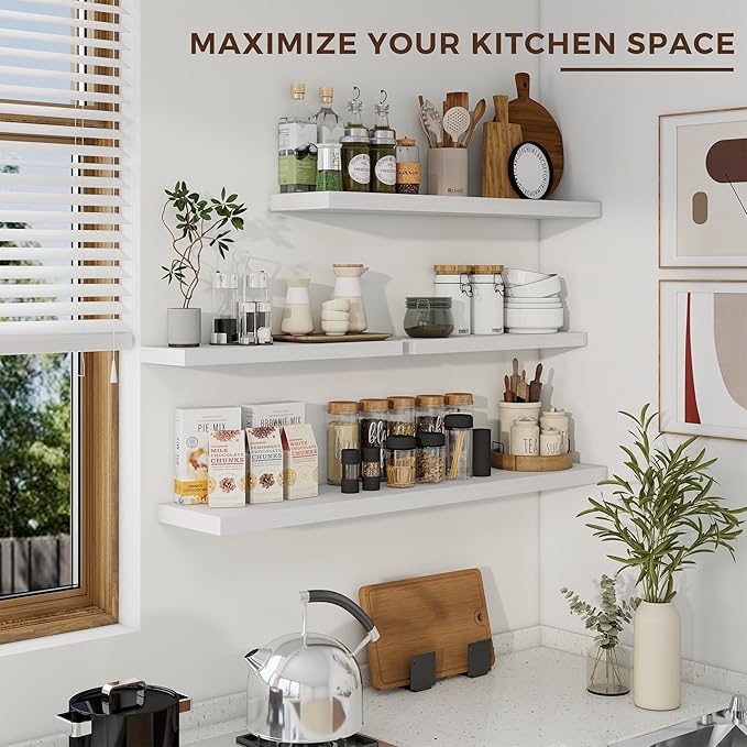 Dreamland 36 inch Floating Shelves Wall Shelves for Office with Invisible Brackets, 8 inch Deep Shelves for Bathroom, Living Room, Kitchen, Office, 36x7.9 inch deep Set of 2, White