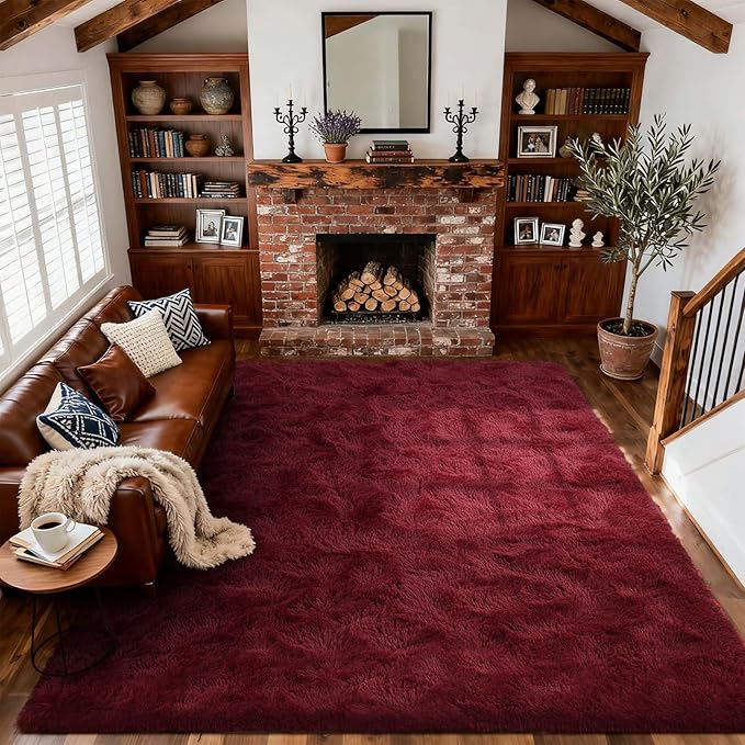 9x12 Ft Extra Large Shag Rugs for Living Room, Ultra Soft Fluffy Furry Area Rugs for Bedroom Indoor Floor, Aesthetic Carpet for Kids Home Decor (Burgundy)