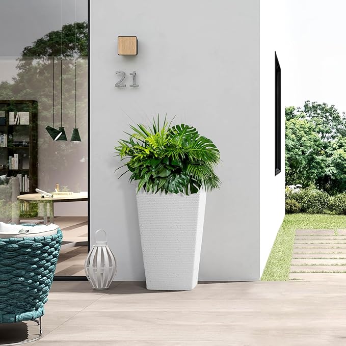 Tall Planters Set Of 2 for Outdoor Indoor Plants,21.3in Large Tapered Plant Pots with Drainage Trays Holes,White Resin Extra-Thick Flower Pots for Outdoor Patio Front Porch Backyard Decor