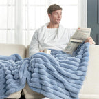 Cozy Bliss Faux Fur Throw Blanket for Couch, Cozy Warm Plush Striped Blanket for Sofa Bedroom Living Room,60 * 80 Inches Light Blue
