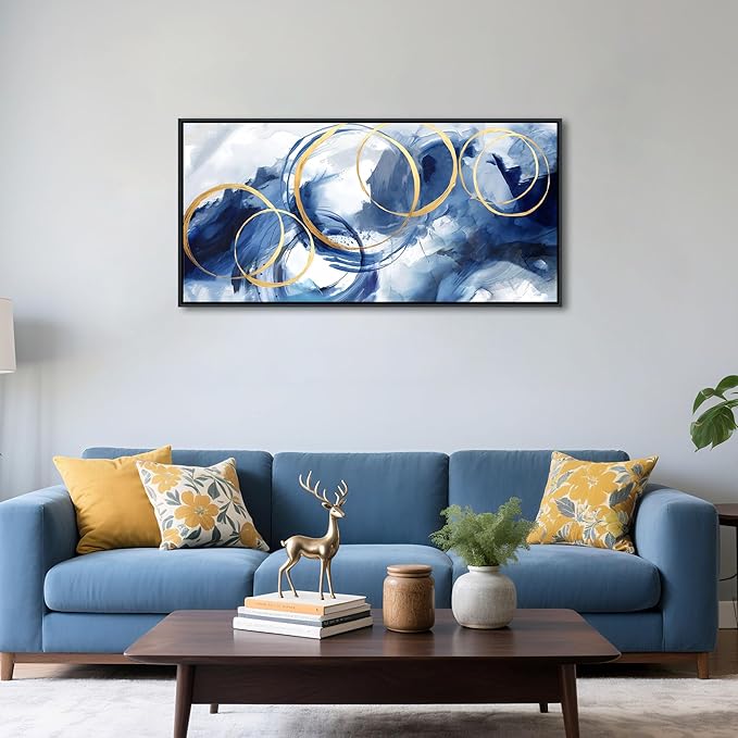 AJAZIKO Blue Abstract Wall Art Modern Navy Blue and Gold Pictures for Living Room Paintings Office Artwork Wall Decor Framed Canvas Wall Art Bedroom Wall Decor Above Bed 20×40IN