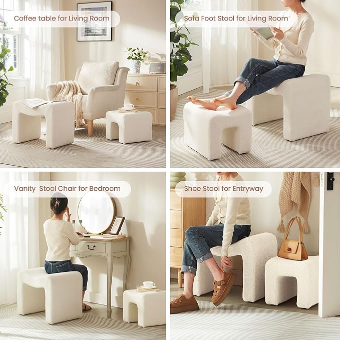 Small Footstool Ottoman Vanity Stool Chair Seating Backless Modern Foot Rest Teddy Velvet Ottoman Set for Makeup Room Living Room Bedroom Entryway,White (2-in-1)