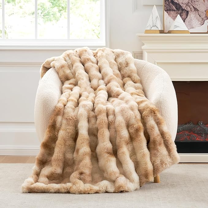 Cozy Bliss Faux Fur Throw Blanket for Couch, Fuzzy Soft Plush Thick Bubble Blanket for Sofa Bedroom Living Room, 60 * 80 Inches Tie-dye Beige