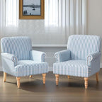 HUIMO Linen Fabric Accent Chairs Set of 2, Mid-Century Modern Armchair with Solid Wood Legs, Single Sofa Chair,Upholstered Reading Club Chair (2, Blue and White Stripe)