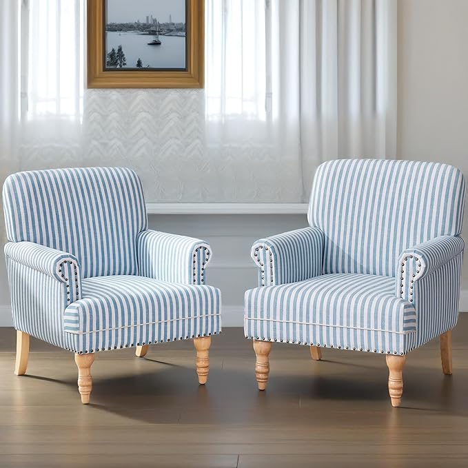 HUIMO Linen Fabric Accent Chairs Set of 2, Mid-Century Modern Armchair with Solid Wood Legs, Single Sofa Chair,Upholstered Reading Club Chair (2, Blue and White Stripe)