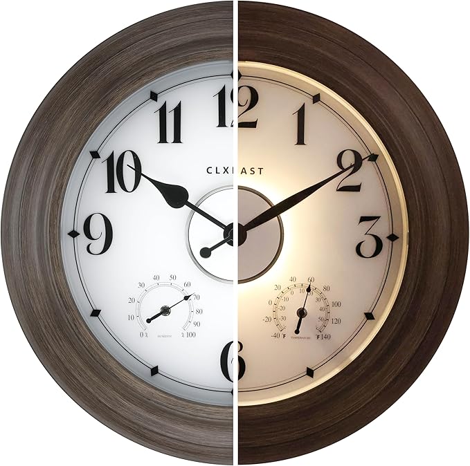 CLXEAST 24 Inch LED Illuminated Outdoor Clocks Waterproof with Thermometer & Hygrometer, Large Lighted Metal Wall Clock with Smart Night Light Sensor,Grey Oak Finish,House Warming Gifts New Home