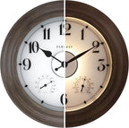 CLXEAST 24 Inch LED Illuminated Outdoor Clocks Waterproof with Thermometer & Hygrometer, Large Lighted Metal Wall Clock with Smart Night Light Sensor,Grey Oak Finish,House Warming Gifts New Home