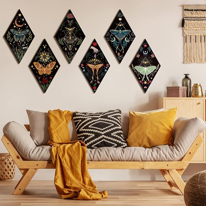 Sintuff 6 Pieces Halloween Gothic Wall Decor Boho Sun Moon Phases Wall Art Gothic Minimalist Stars Sun Hanging Wooden Home Decor Farmhouse Pediments for Gallery Living Bedroom Room(Butterfly)