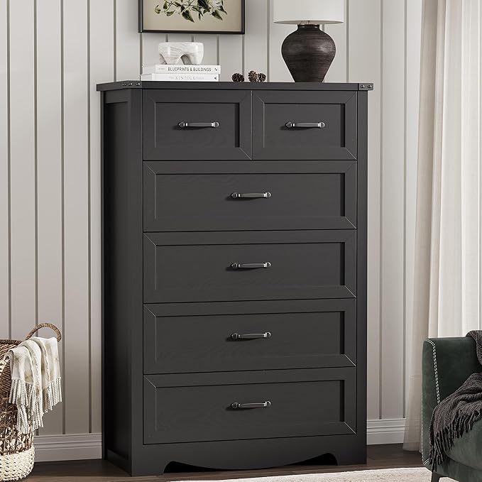 Dresser for Bedroom with 6 Drawers, 46" Tall Wood Chest of Drawers with Deep Drawers & Mental Handle, Modern Dresser TV Stand, Wooden Closet Storage Organizer for Living Room, Hallway, Entryway, Black