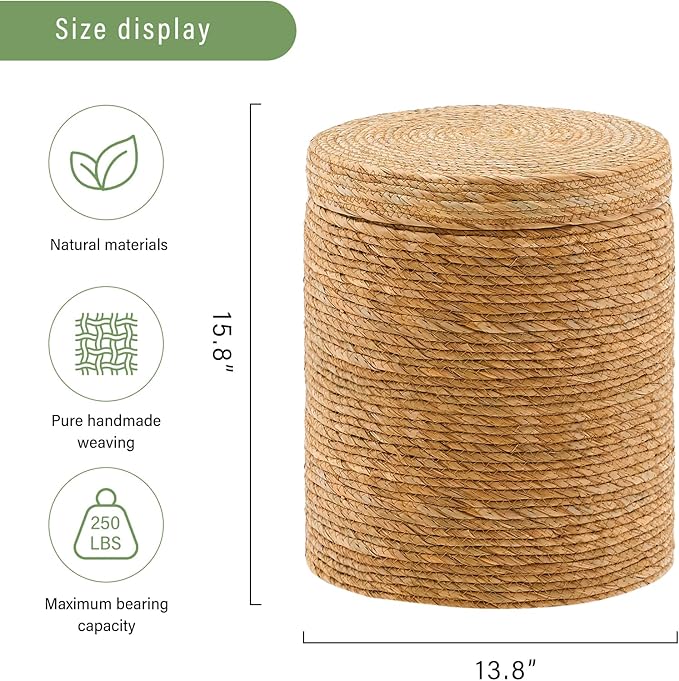 Wimarsbon Round Pouf Ottomans, Handwoven Natural Water Hyacinth Seagrass Pouffe,Outdoor Rattan Stool Accent Seat, Bohemian Coastal Home Decor (Storage - 14inch Natural Cattail)