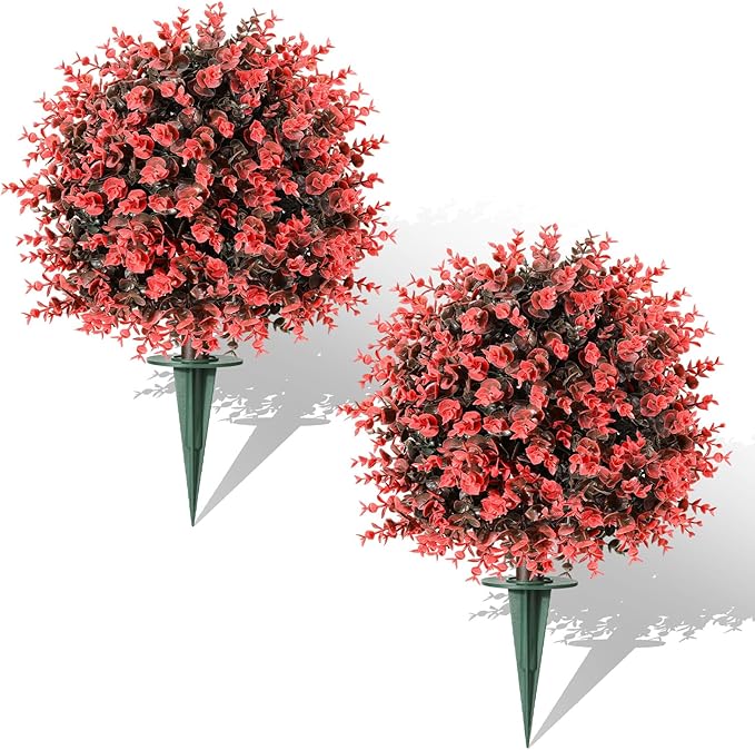 Lewondr Artificial Boxwood Topiary Ball Trees, 22.83'' Fake Plants Outdoor with Ground Spike, Set of 2 UV and Fade Resistant Faux Greenery Shrubs for Outdoor Indoor Front Porch Garden, Red