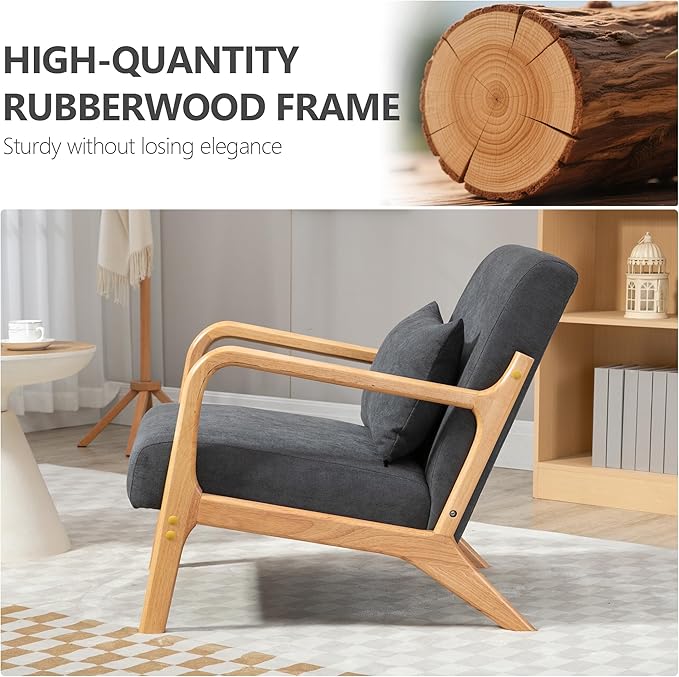 Modern Accent Chair, Cotton Linen Fabric Upholstered Lounge Armchair with Solid Wood Frame for Living Room, Bedroom, Reading Nook (Grey)