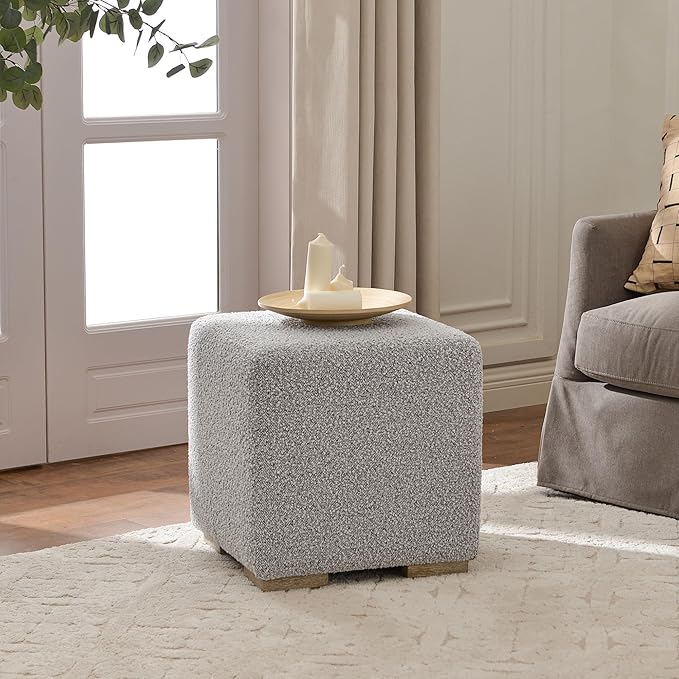 KINWELL 18.5" Wide Modern Square Boucle Upholstered Ottoman with Solid Wood Legs, Cube Ottoman Multi-Functional Sofa Footrest, Extra Seating for Living Room, Bedroom, Fully Assembled (Black and White)