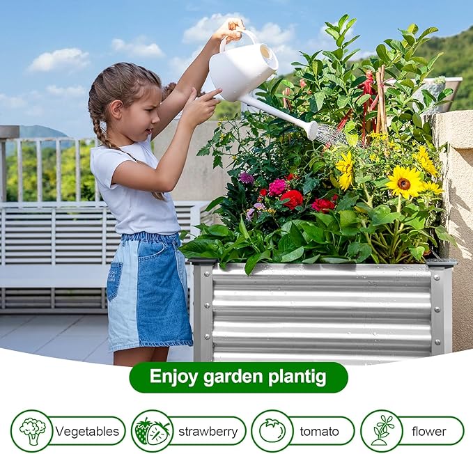 Land Guard 2Pcs Galvanized Raised Garden Bed with Legs, 48×24×32in Large Metal Elevated Raised Planter Box with Drainage Holes for Backyard, Patio, Balcony, 400lb Capacity