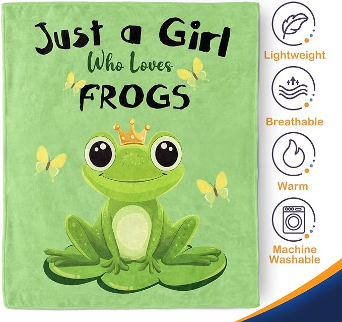 Frog Blanket Gifts for Women Kids - Just A Girl Who Loves Frogs Cute Stuff Animal Lovers Decor Throw for Teen Adults Soft Lightweight Fleece Cozy Travel Bed Couch Birthday Christmas Blanket 50"x60"