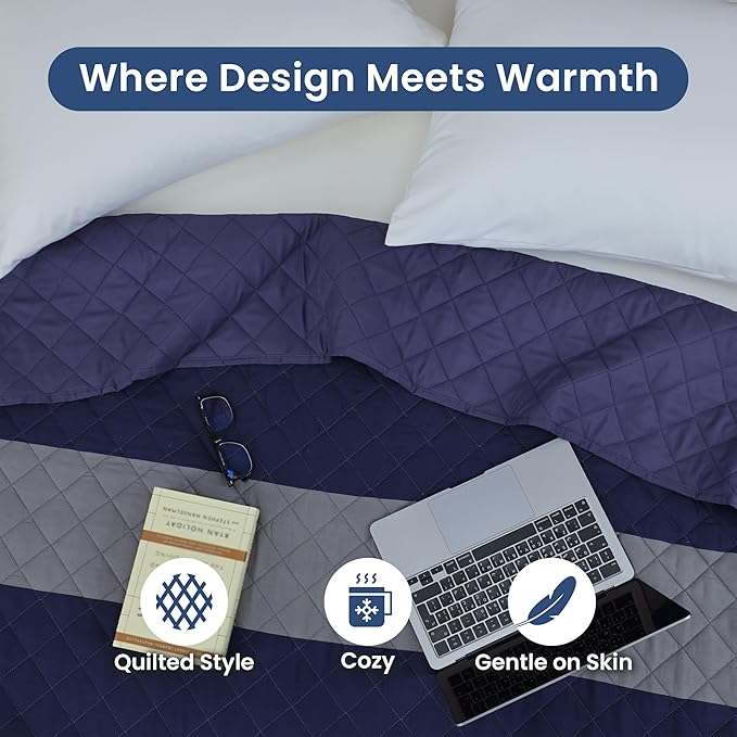 Martex Reversible Coverlet – Full Queen Size Quilt - Lightweight Quilt Full Size– Durable Queen Size Quilts for Bed – Soft - Easy Care Bedding – Rugby Stripe/Navy