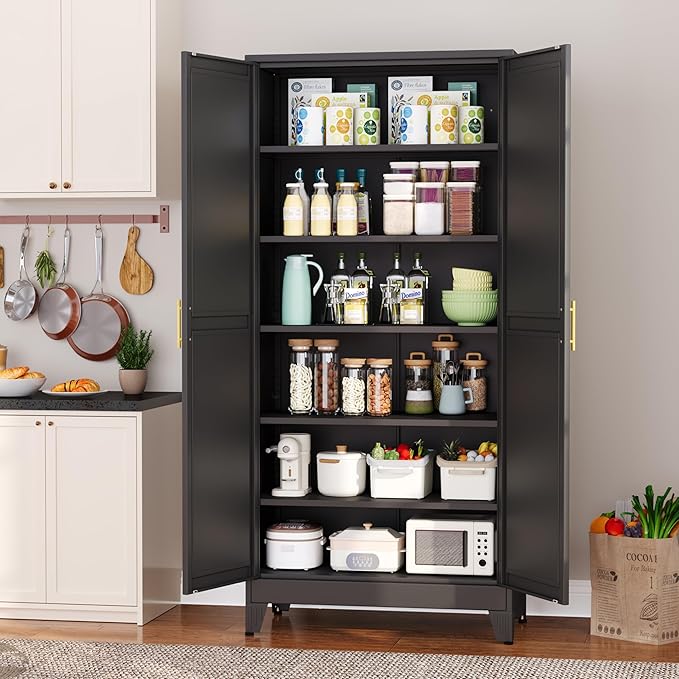 Metal Pantry Cabinet with 2 Doors and 5 Adjustable Shelves, 75" Kitchen Storage cabinets with Gold Handles, Versatile Storage for Laundry Room, Living Room, Bathroom, Dinning Room, Utility Room-Black