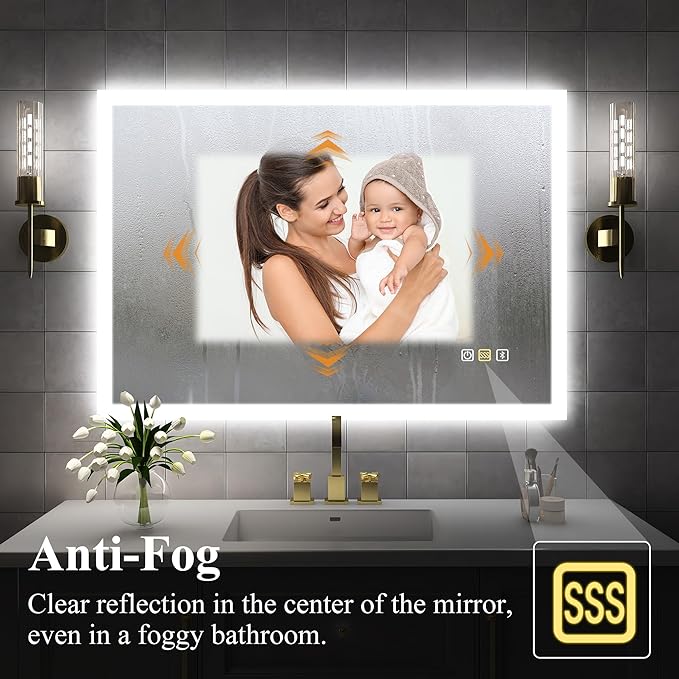 SBAGNO LED Bathroom Mirror with Lights, 40''x28'' 3D Border Bathroom Vanity Wall Mirror with Bluetooth, Anti-Fog, Stepless Dimming, 3 Colors, Tempered Glass Lighted Vanity Mirror for Bathroom