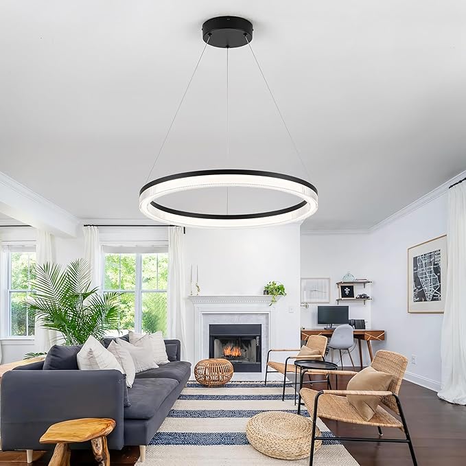 Modern Black Led Pendant Light,24W Dimmable LED Chandelier Lighting Fixture, 1 Ring Circular Hanging Led Pendant Lighting for Living Room Dining Room Kitchen Island Foyer Office