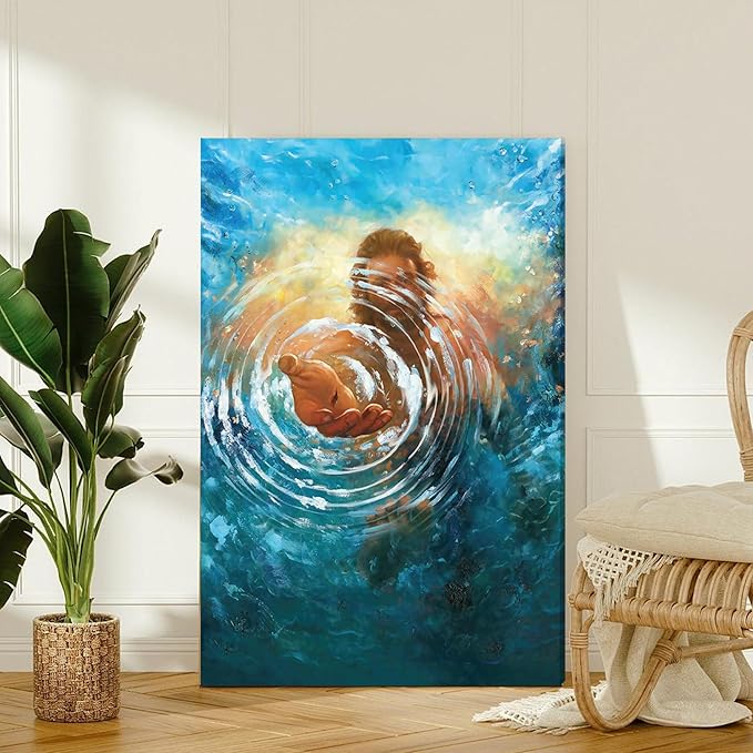 Framed Jesus Christ Canvas Wall Art The Hand of God Jesus Reaching Into Water Christian Painting Prints Biblical Wall Decor Religious Room Decor for Church Prayer Room Schools Hospitals 24" x 36"