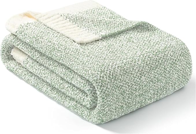 Snuggle Sac Heather Sage Green Throw Blanket for Couch, Reversible Super Soft Knitted Blankets Warm Cozy Fuzzy Throws for Sofa, Bed, Camping, Sage Green, 50x60 inches