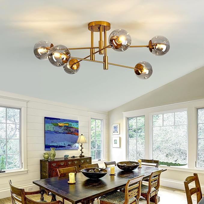 SZXYKEJI 6-Lights Glass Globe Chandelier Modern Flush Mount Ceiling Light Fixture Gold Farmhouse Lighting for Dining Room Living Room Bedroom Kitchen Passageway.