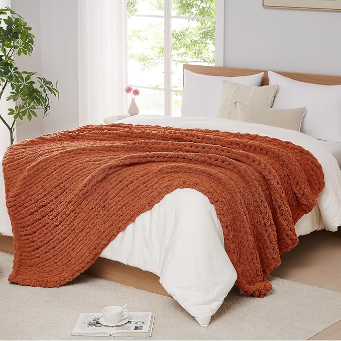 L'AGRATY Chunky Knit Blanket Throw: 50''x60'' Chenille Chunky Knitted Throw Blanket for Bed Couch - Handmade Thick Big Cable Knit Blanket - Large Crochet Rope Blanket for Home Decor(Rusty Orange)
