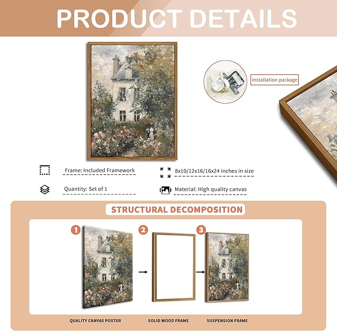 Floating Framed Canvas Vintage Wall Art, Neutral English Cottage Rose Garden Oil Paintings Print, Spring Pictures Wall Decor for Living Room Hallway Bedroom Office Rustic Decor 12x16 inch