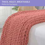 Bigacogo Chunky Knit Throw Blanket for Couch, 40x60 inches, 100% Hand Knitted with Thick Jumbo Chenille Yarn, Cozy Soft Large Rope Knot Cable Crochet Blankets for Sofa Bed Living Room, Antique Red