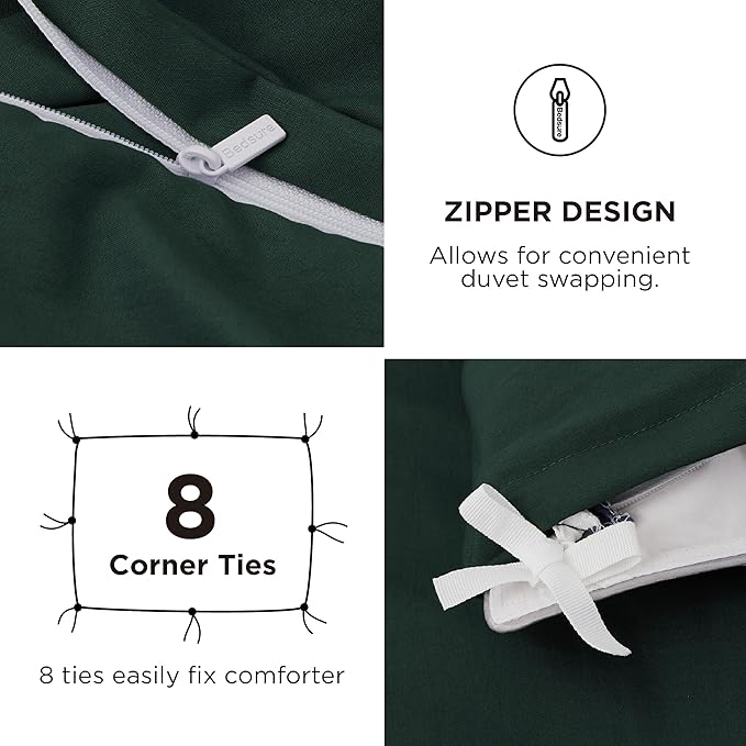 Bedsure Duvet Cover Queen Size with Fitted Sheet - 4 Pieces Prewashed Cotton-Like Extra Soft Bedding Set, Includes 1 Duvet Cover 90x90 Inches, 2 Pillow Shams, 1 Fitted Sheet, Forest Green