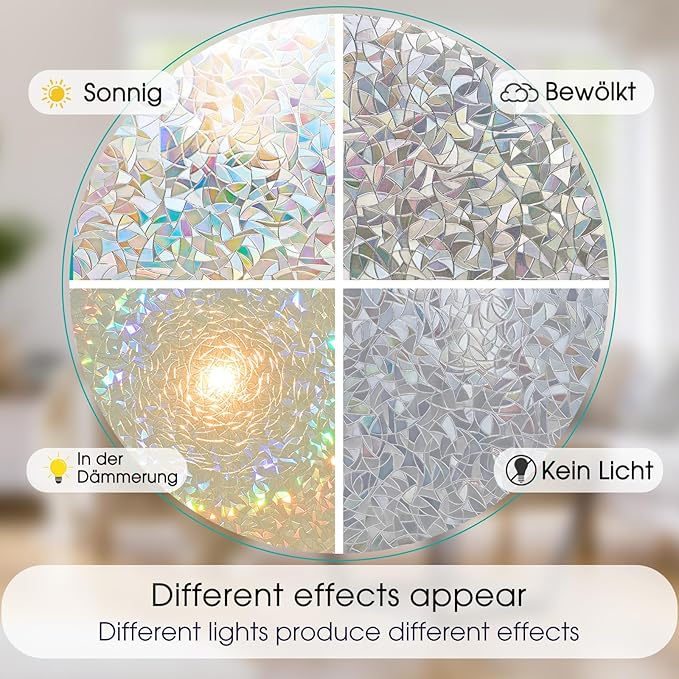 Beautyhero Window Privacy Film, Rainbow Reeded Glass Cling, 3D Decorative Coverings with UV Blocking, Static Cling for Bathroom Doors Cabinet