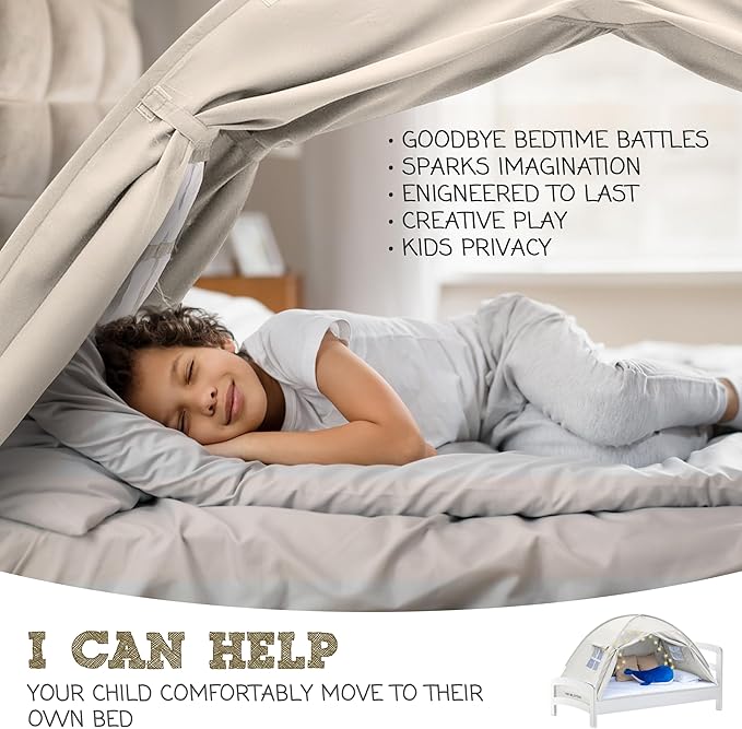 Beige Twin Bed Tent for Kids Indoor Fort - Magical Dream Tents for Boys Pop Up Toddler Bed Canopy for Girls Bunk Bed Tent for Top Bunk - Sensory Sleep Pod for Kids Educational