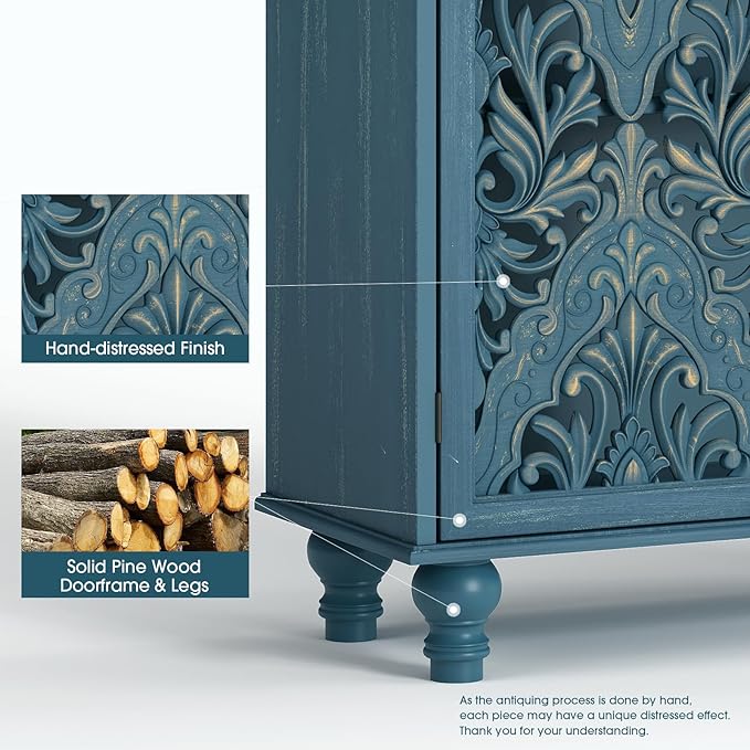 47" Tall Accent Cabinet with Doors and Shelves, Storage Cabinet with Solid Wood Legs for Living Room,Entryway,Dining Room,Bedroom,Blue