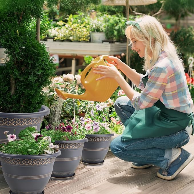 4 Pack 16 Inch Large Plant Pots, Plastic Flower Pot for Indoor & Outdoor with Drainage Holes & Saucer, Plaid Pattern Planters Garden Pots for Herbs Gold