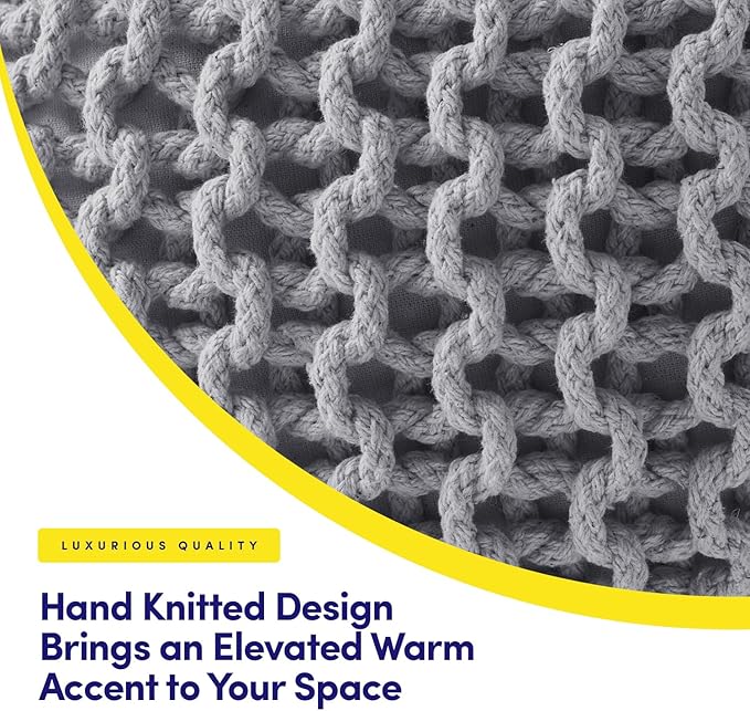 Pouf Ottoman Foot Rest Stuffed – 20” Diameter x 14” Tall Cozy Floor Pouf for Living Room, Bedroom, Nursery & More – 100% Cotton Knit Shell, EPS Bead Filled Footrest & Accent Chair, Gray