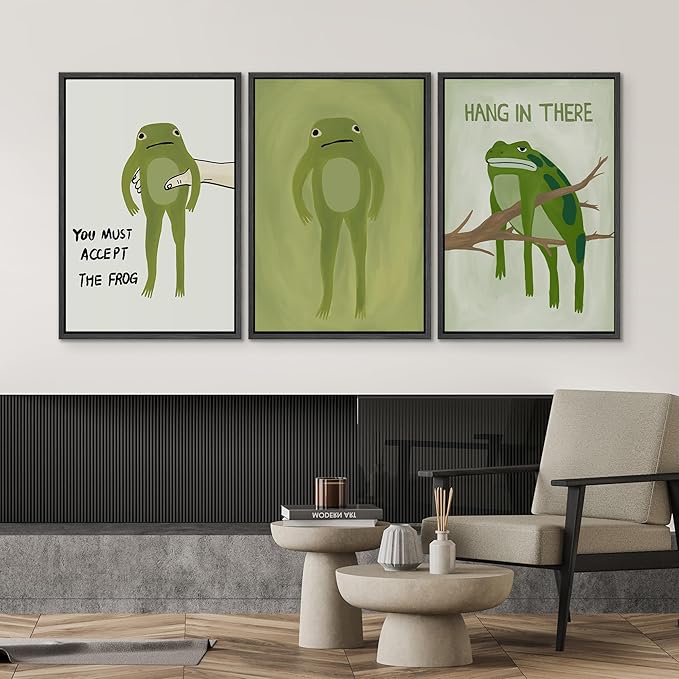 SIGNWIN Framed Canvas Print Wall Art Whimsical Frog Humorous Green Frog Photography Modern Art Minimalist Black and White for Living Room, Bedroom, Office - 24"x36"x3 Black