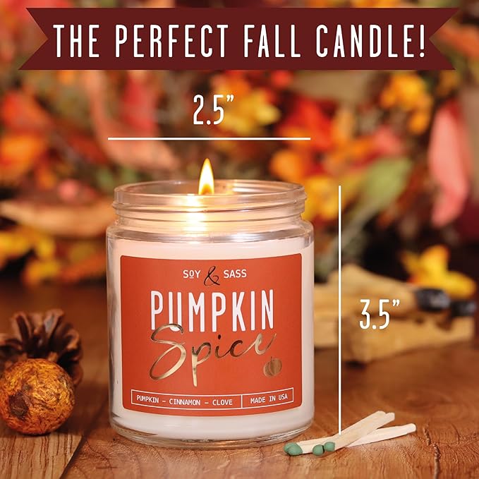 Pumpkin Spice Candle, Fall Candles - 'Pumpkin Spice' Pumpkin Candle I Infused w/Essential Oils I Autumn Scented Soy Candles for Home I Fall Home Décor I 9oz Reusable Jar, 50Hr Burn, Made in USA