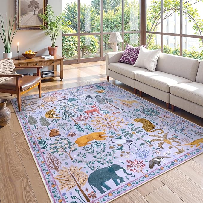 OJIA Animal Print Washable Rug 5x7 Area Rugs for Nursery, Soft Kids Bedroom Rug Ultra-Thin Non-Slip Modern Living Room Carpet, Stain Resistant Throw Carpet for Office Dining Room