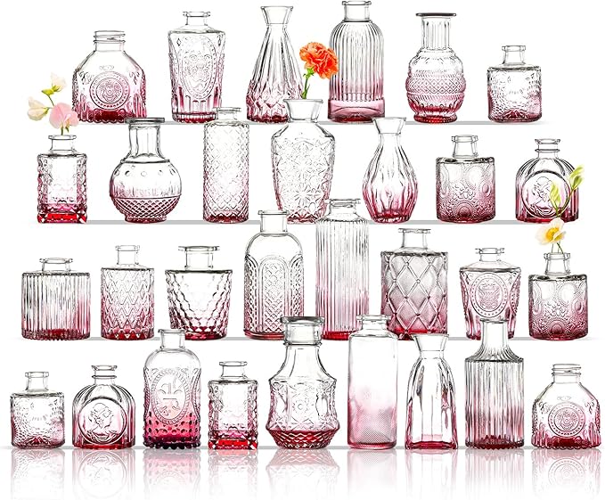 Bud Vases in Bulk 30, Pink Glass Vases for Centerpieces, Small Vase for Flowers, Small Flower Vase for Centerpieces, Mini Vintage Vases for Wedding Table Decor