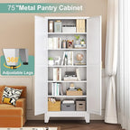 Metal Pantry Cabinet with 2 Doors and 5 Adjustable Shelves, 75" Kitchen Storage cabinets with Gold Handles, Versatile Storage for Laundry Room, Living Room, Bathroom, Dinning Room, Utility Room-White