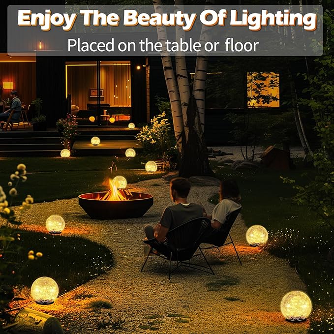 Garden Solar Ball Lights Outdoor Waterproof, 80 LED Cracked Glass Globe Solar Power Ground Lights for Path Yard Patio Lawn, Christmas Decoration Landscape Warm White(2 Pack 5.9'')