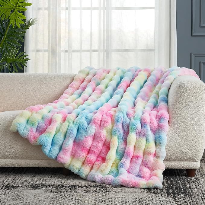 Cozy Bliss Faux Fur Throw Blanket for Couch, Fuzzy Soft Plush Thick Bubble Blanket for Sofa Bedroom Living Room, 60 * 80 Inches Tie-dye Rainbow