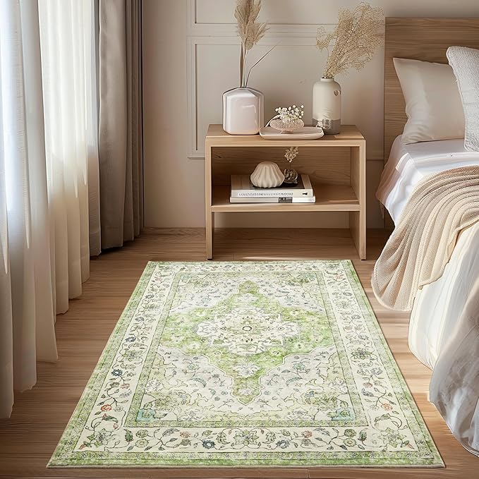 Topllen Washable Area Rug - 3'x5' Boho Bedroom Rug Indoor, Non-Slip Low-Pile Rugs for Living Room Bathroom Kitchen Front Door, Entry Throw Carpet Stain Resistance (Green, 3x5ft)
